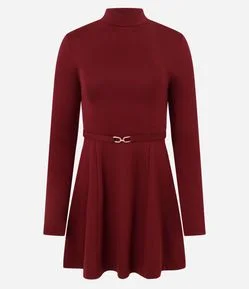 Vestido Curto Manga Longa em Ponto Roma com Cinto