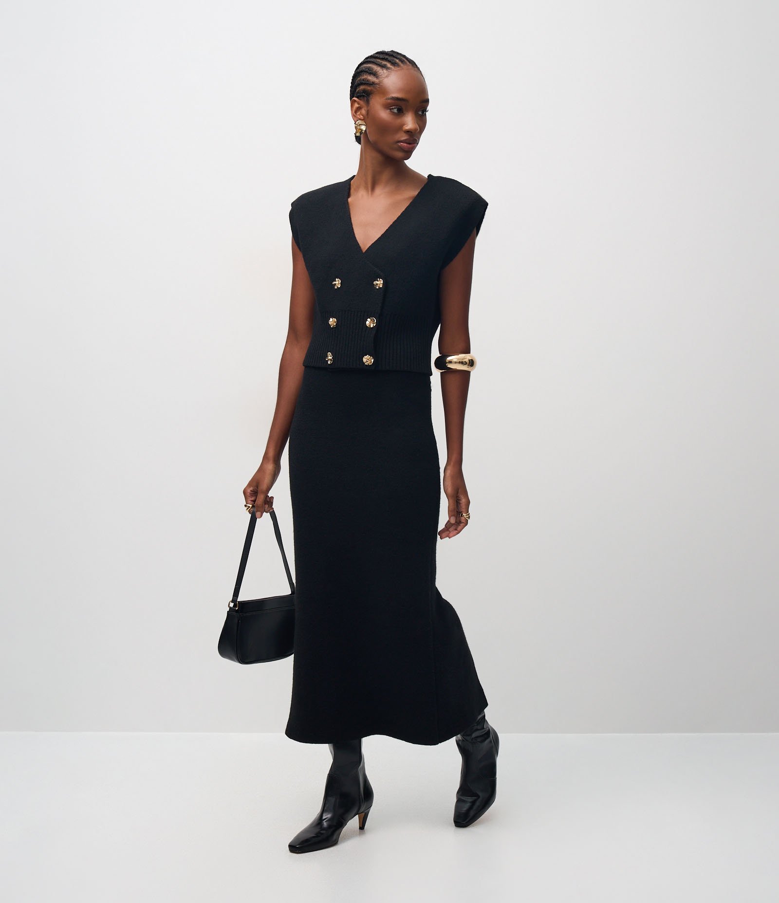 Saia Midi em Tricô com Cós Estruturado e Fenda Traseira Preto 1