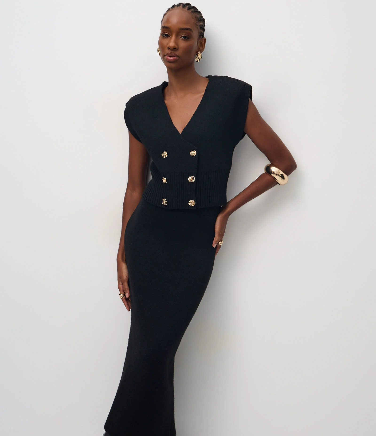 Saia Midi em Tricô com Cós Estruturado e Fenda Traseira Preto 2