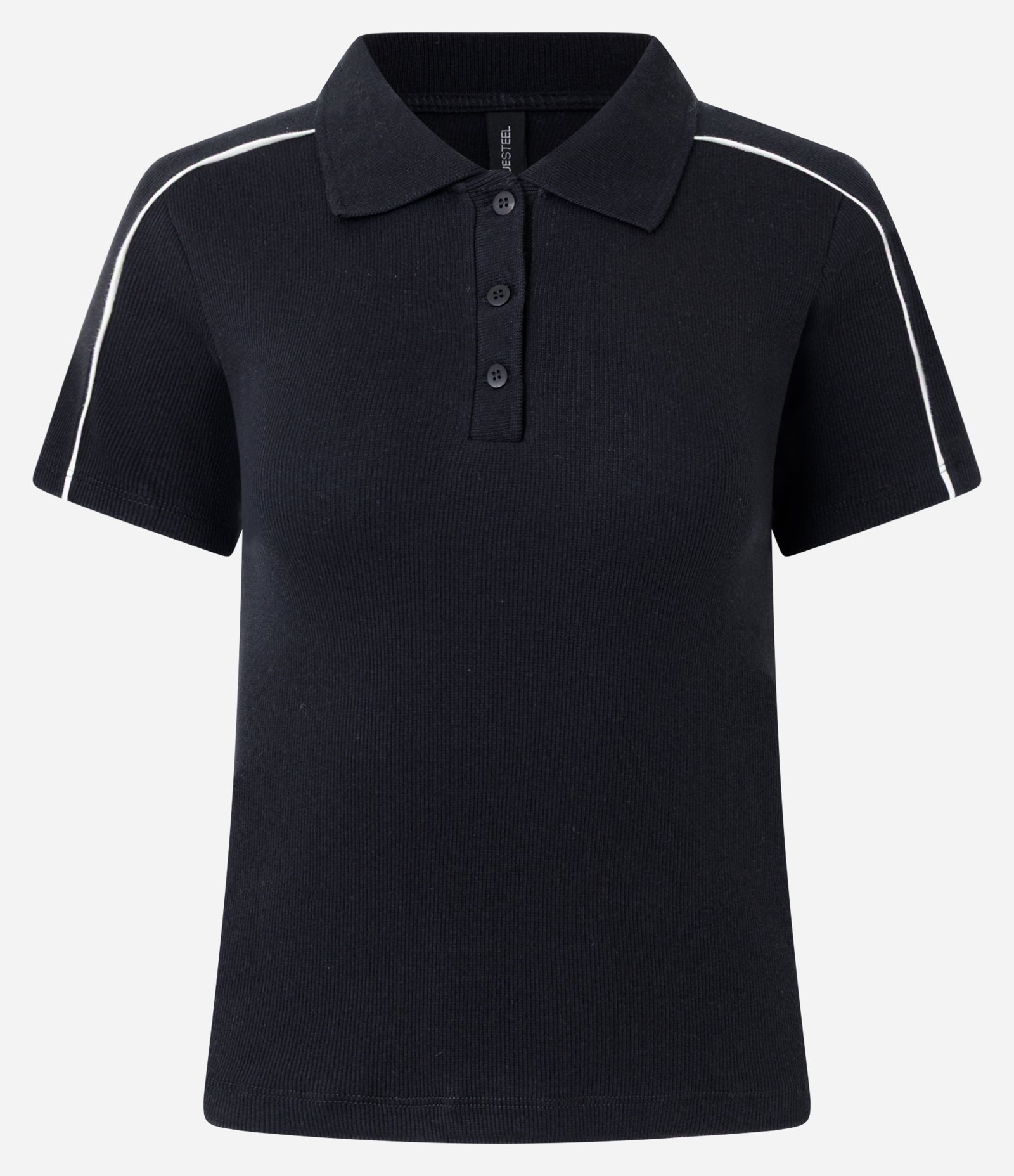 Polo Manga Curta em Ribana com Detalhe Listrado no Ombro Preto 4