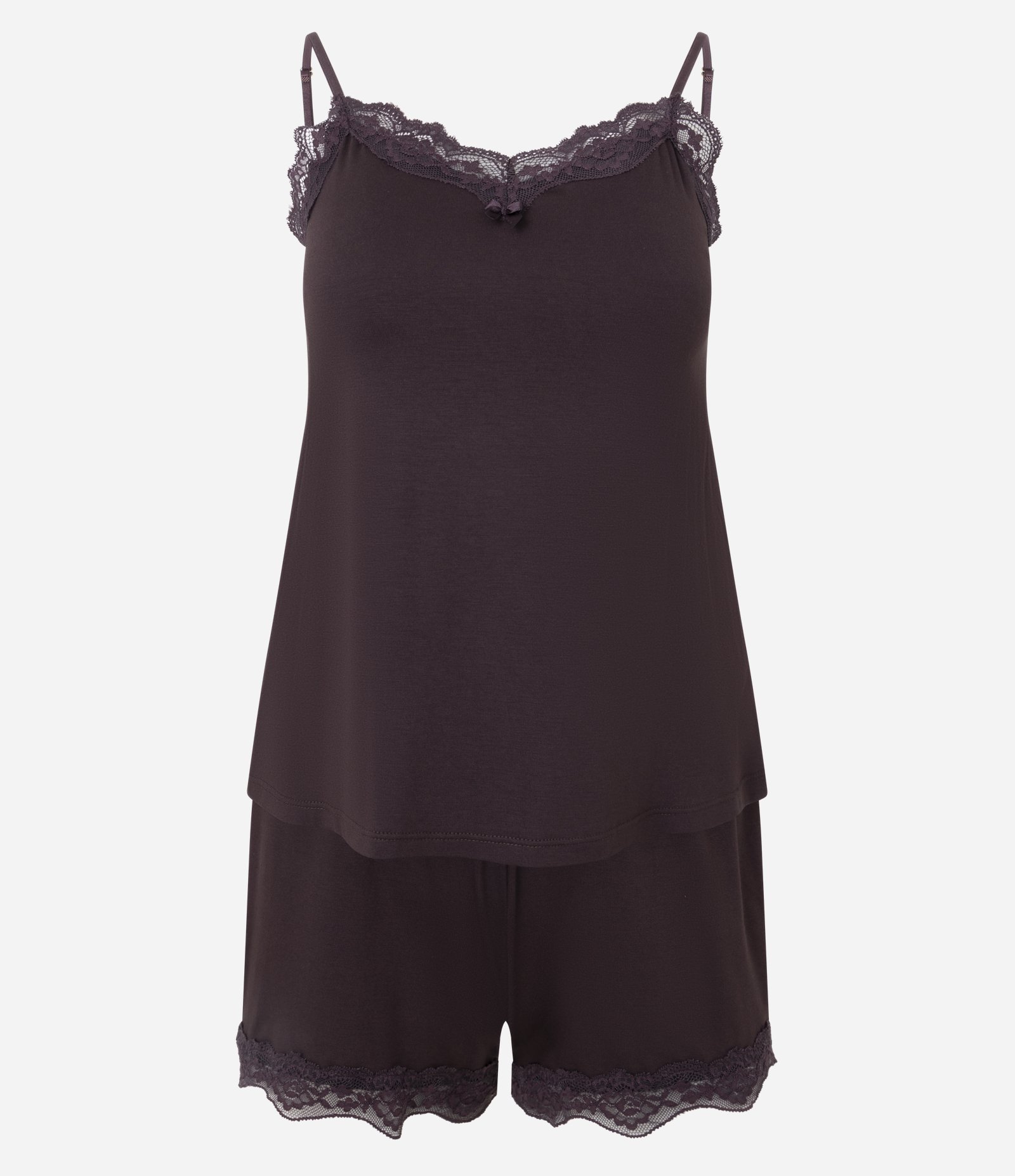 Pijama Curto em Viscose com Regata e Short Rendado Marrom 4