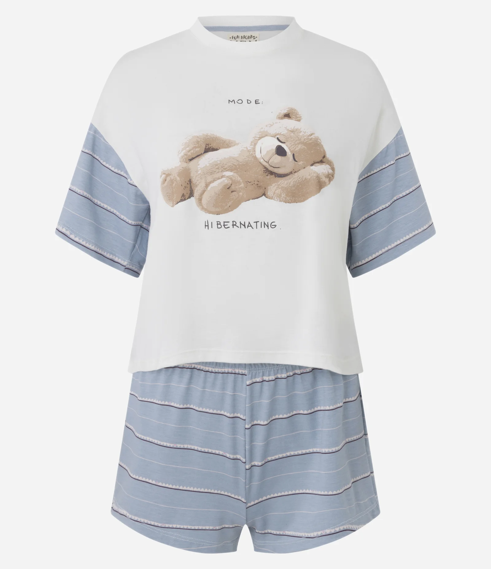 Pijama Estampado de Ursinho com Short Listrado Branco/Azul 1