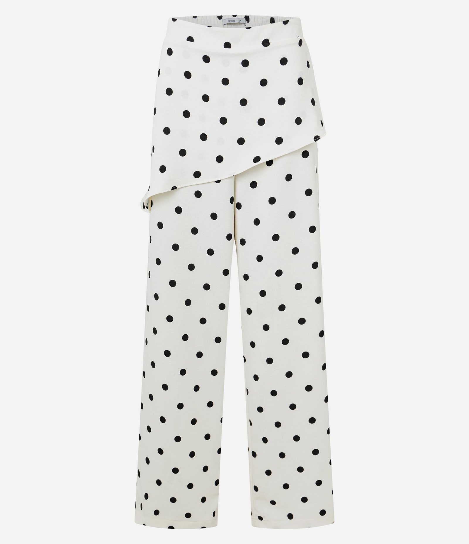 Calça Reta em Alfaiataria com Sobreposição na Cintura e Estampa Poá Branco/Preto 1