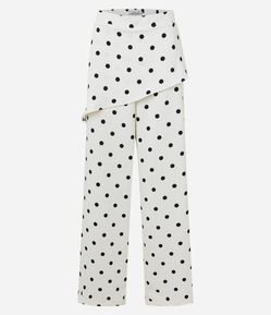 Calça Reta em Alfaiataria com Sobreposição na Cintura e Estampa Poá