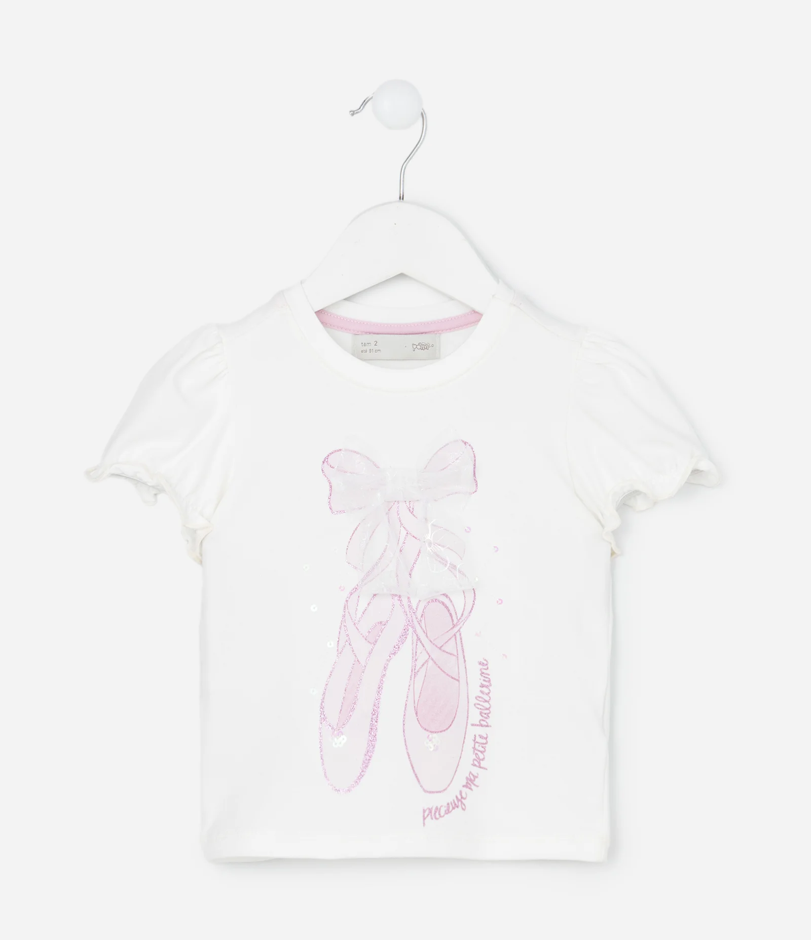 Blusa Infantil com Laço de Tule e Estampa Bailarina – Tam 1 a 6 Anos Branco 1