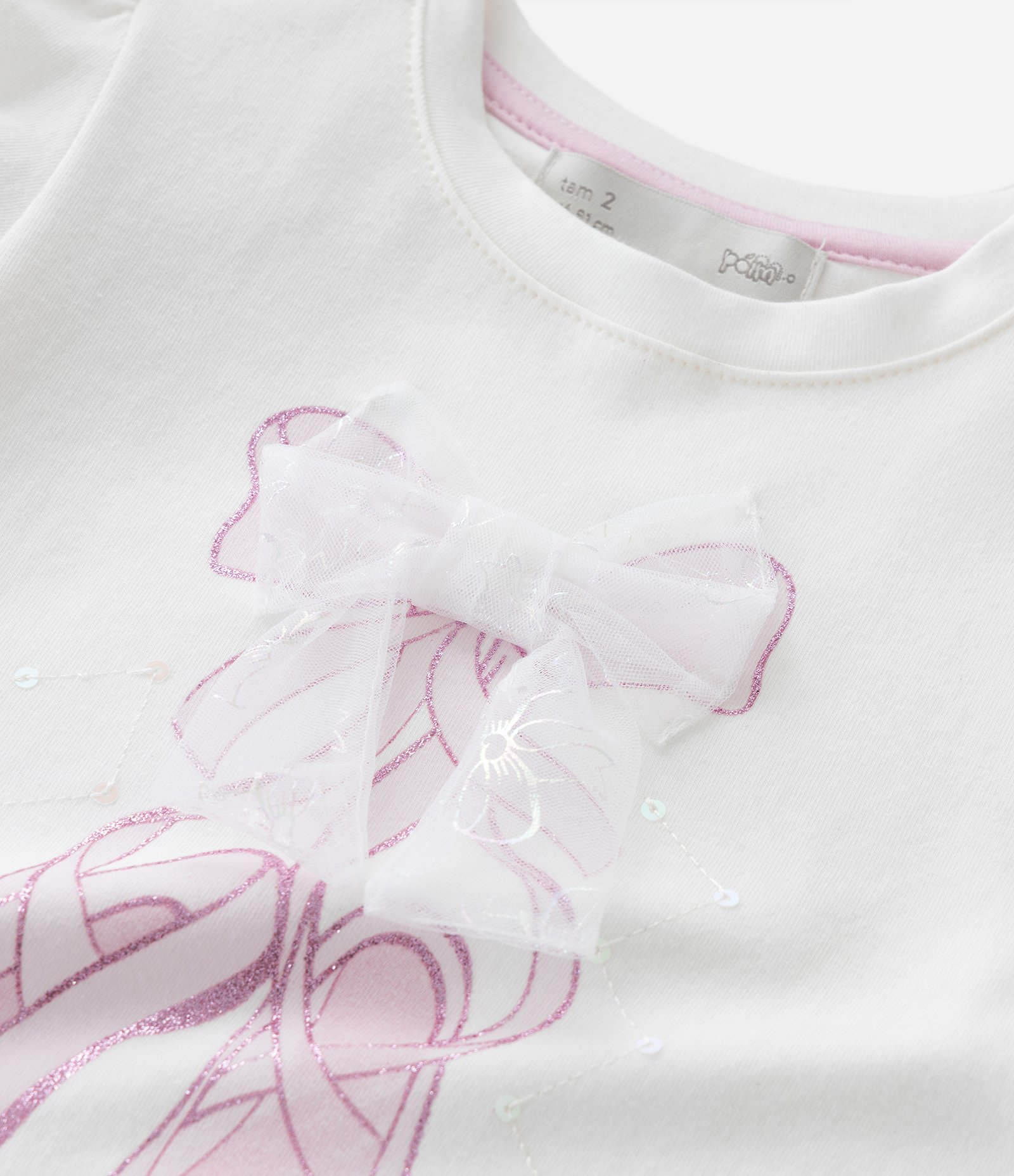 Blusa Infantil com Laço de Tule e Estampa Bailarina – Tam 1 a 6 Anos Branco 4