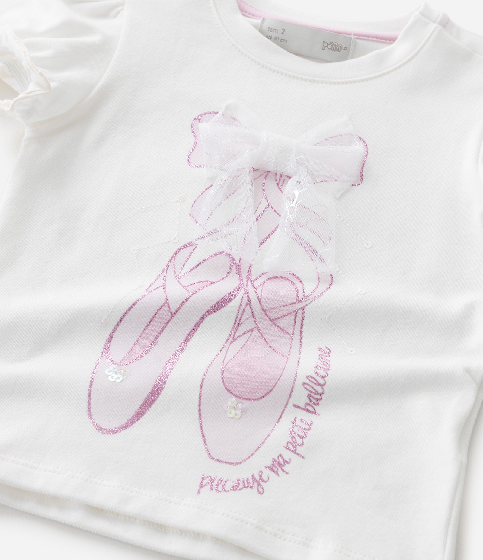 Blusa Infantil com Laço de Tule e Estampa Bailarina – Tam 1 a 6 Anos Branco 6