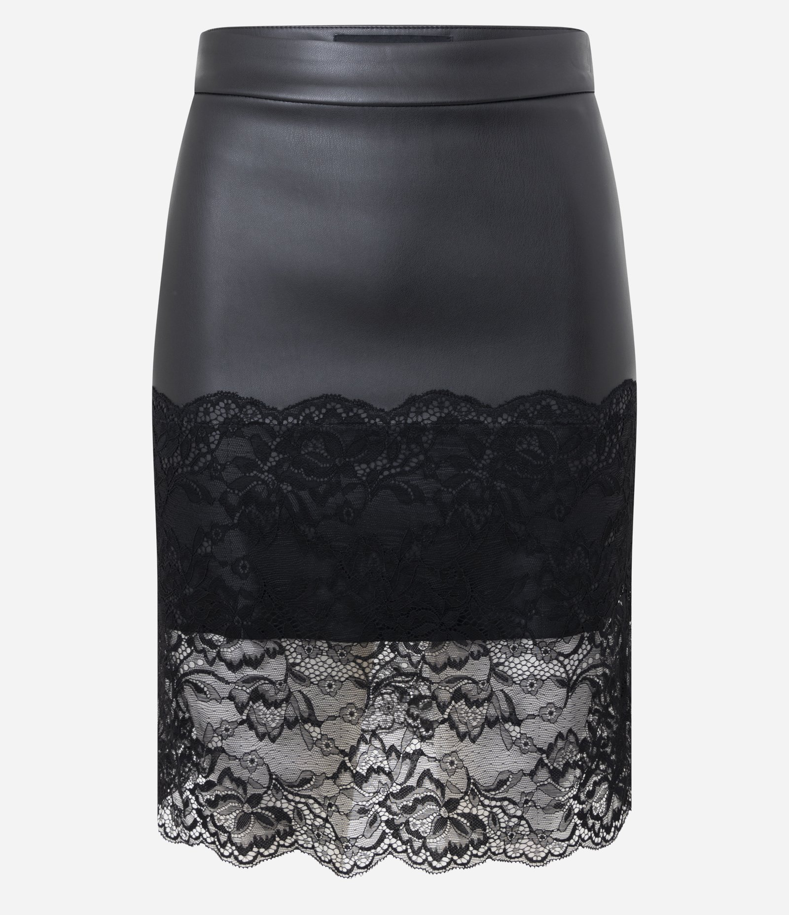 Saia Midi em PU com Aplicação de Renda na Barra Preto 1