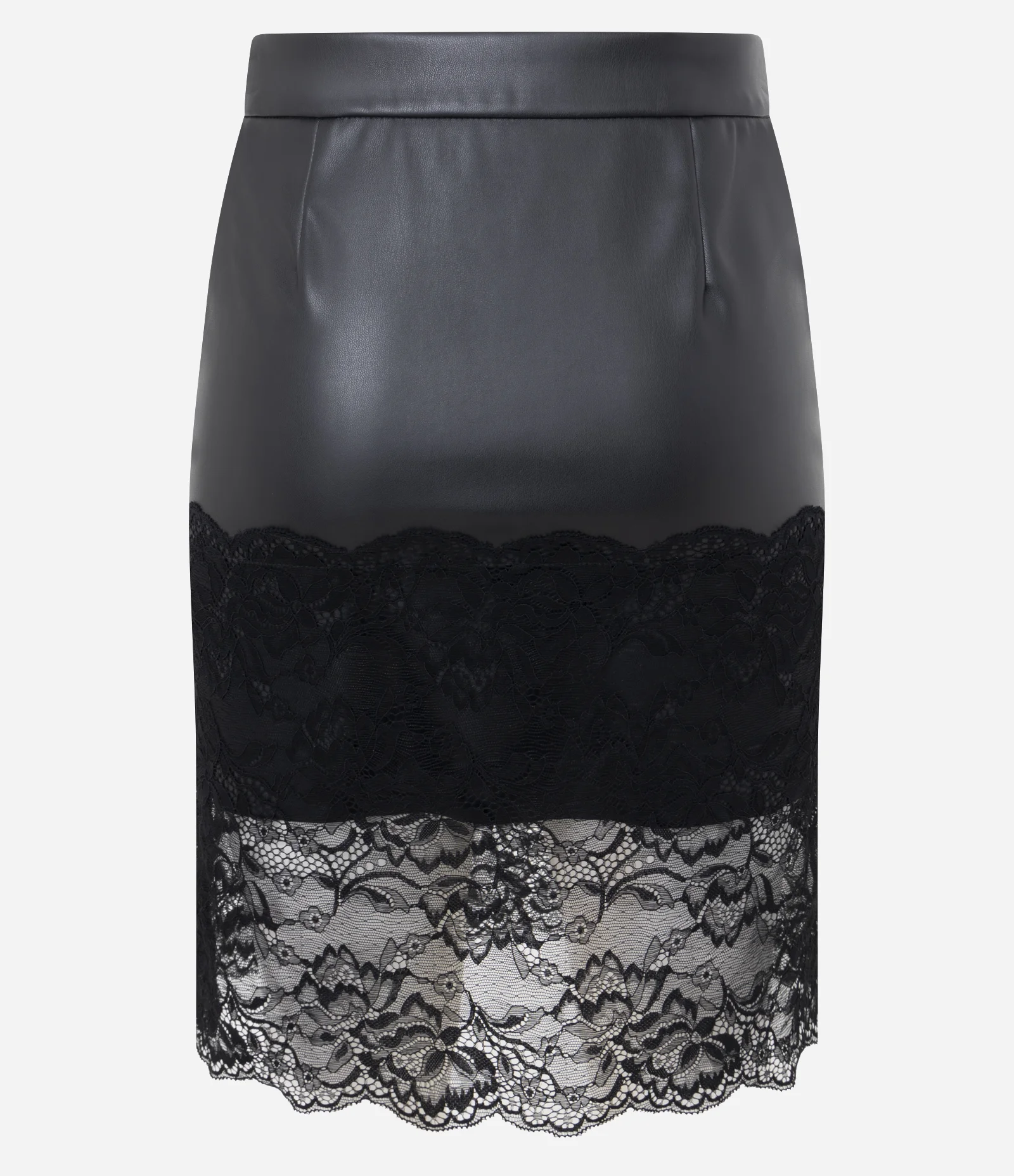 Saia Midi em PU com Aplicação de Renda na Barra Preto 2
