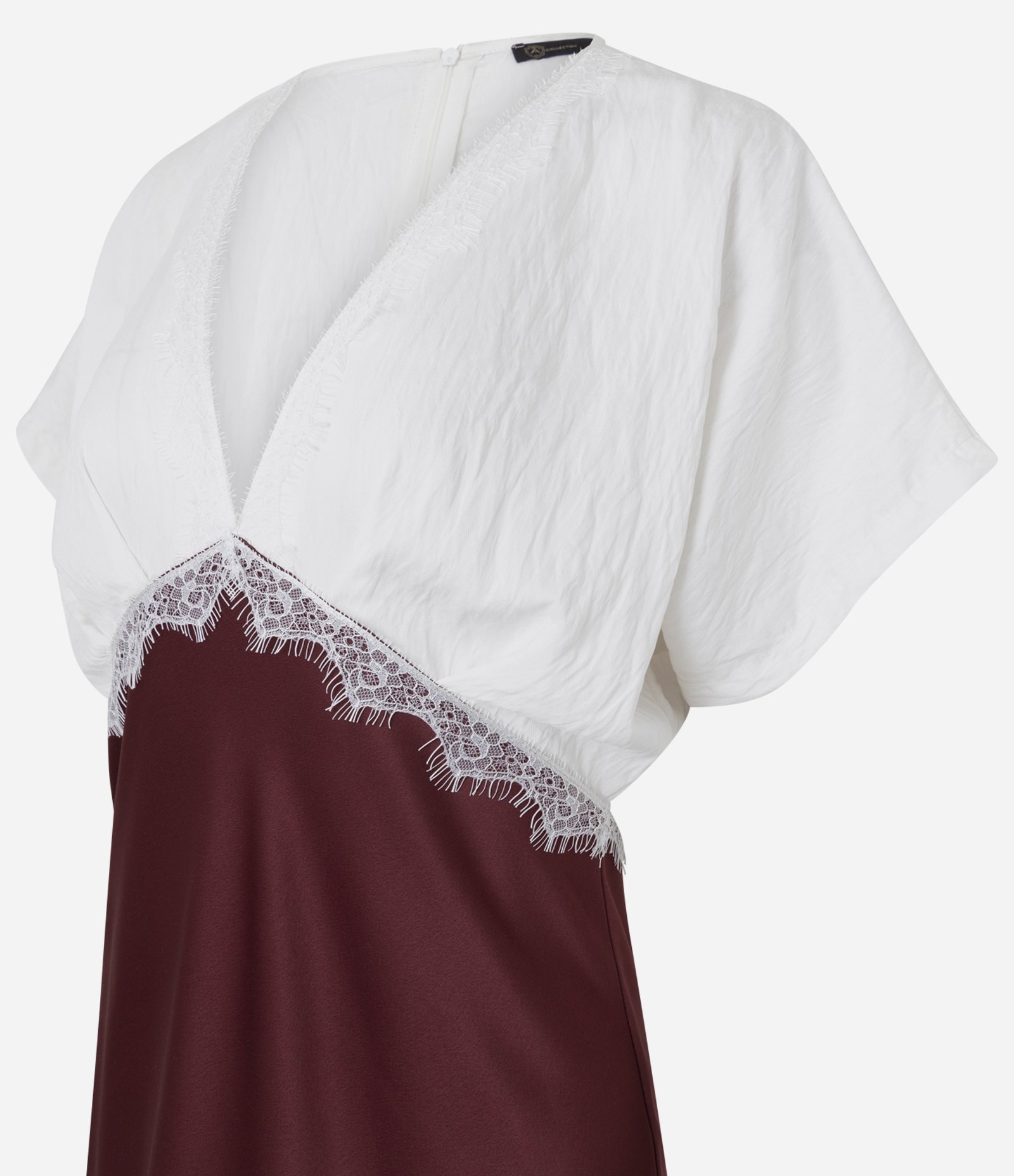 Vestido Longo Midi em Efeito Acetinado com Detalhe de Renda Branco/Bordô 2