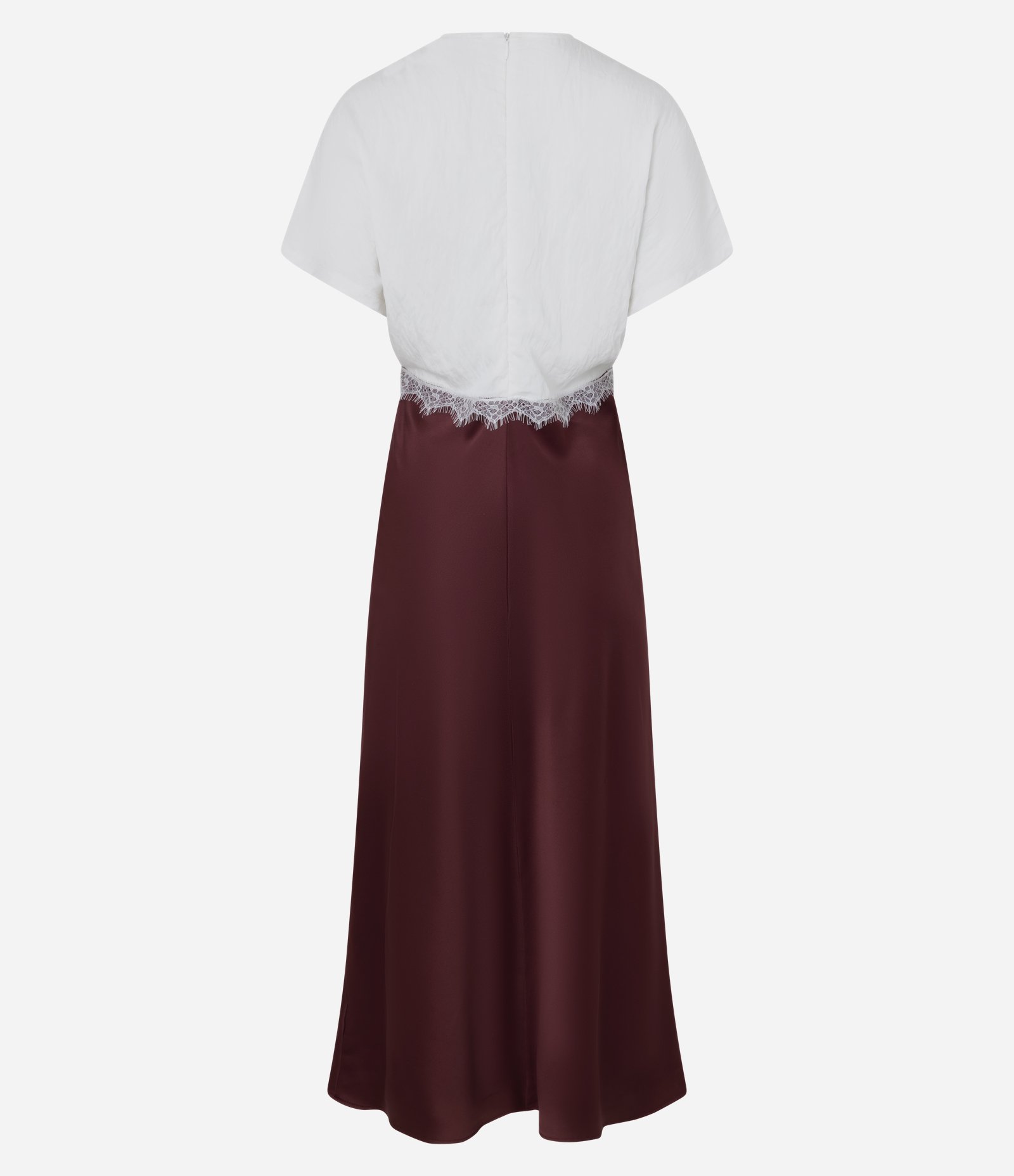 Vestido Longo Midi em Efeito Acetinado com Detalhe de Renda Branco/Bordô 3