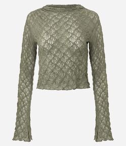 Blusa em Renda com Gola Alta e Manga Sino