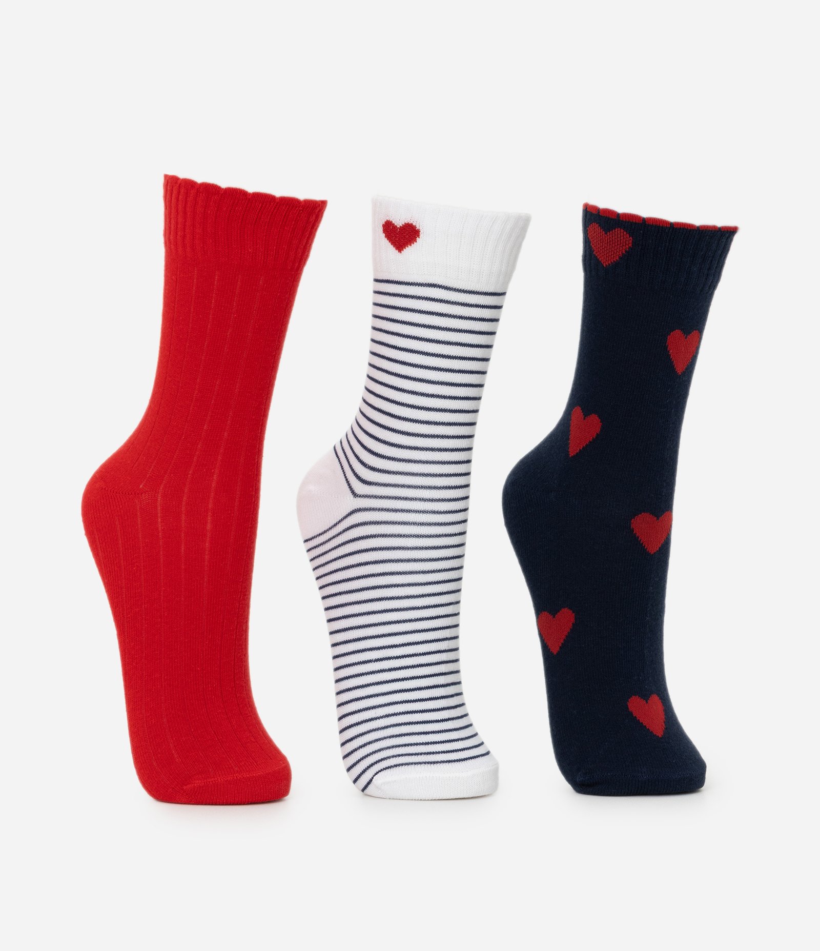 Kit 03 Meias Cano Alto em Algodão com Estampa Corações e Listras Multicores 2