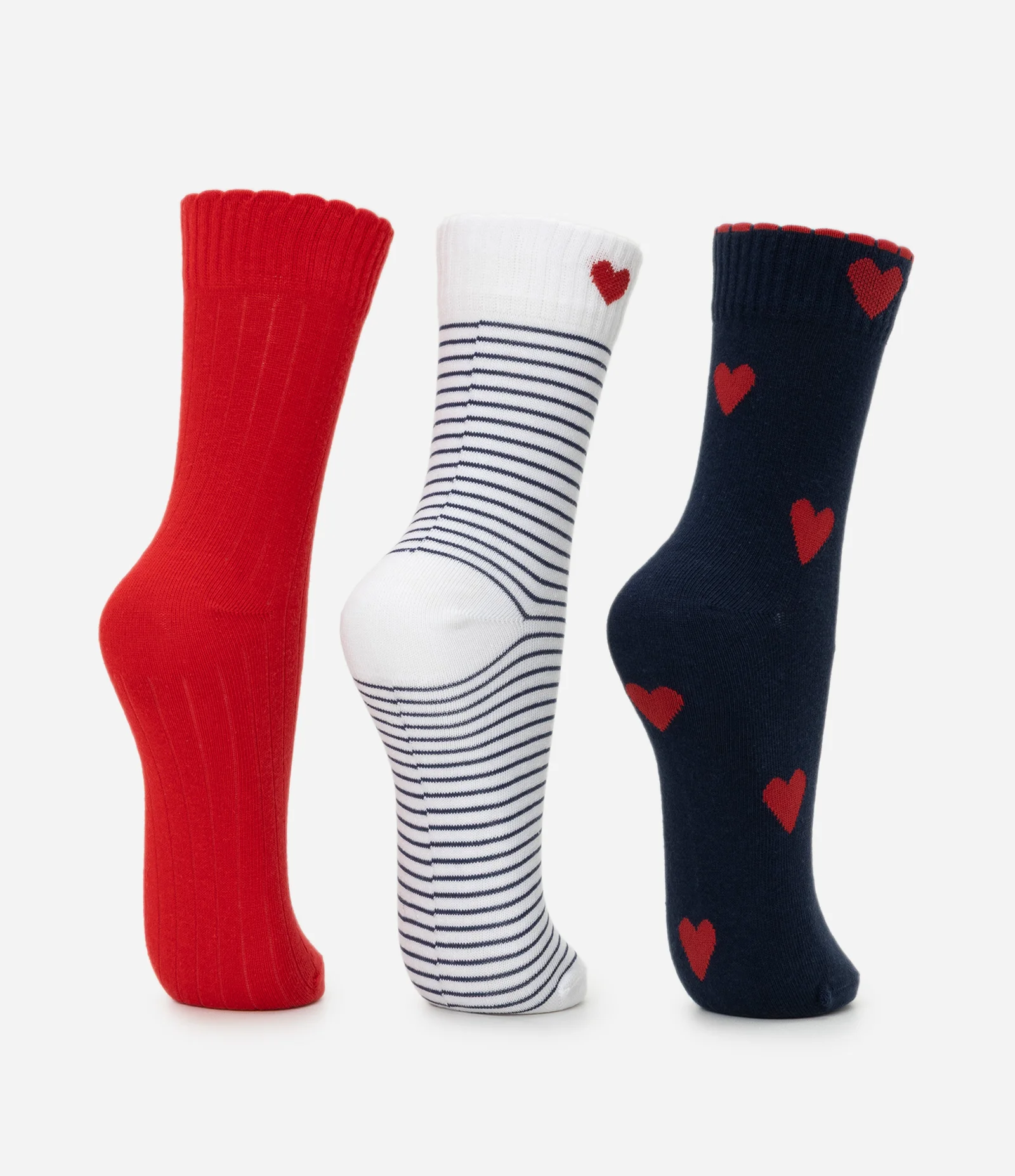 Kit 03 Meias Cano Alto em Algodão com Estampa Corações e Listras Multicores 3