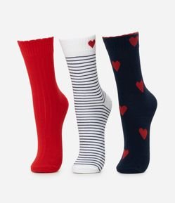 Kit 03 Meias Cano Alto em Algodão com Estampa Corações e Listras