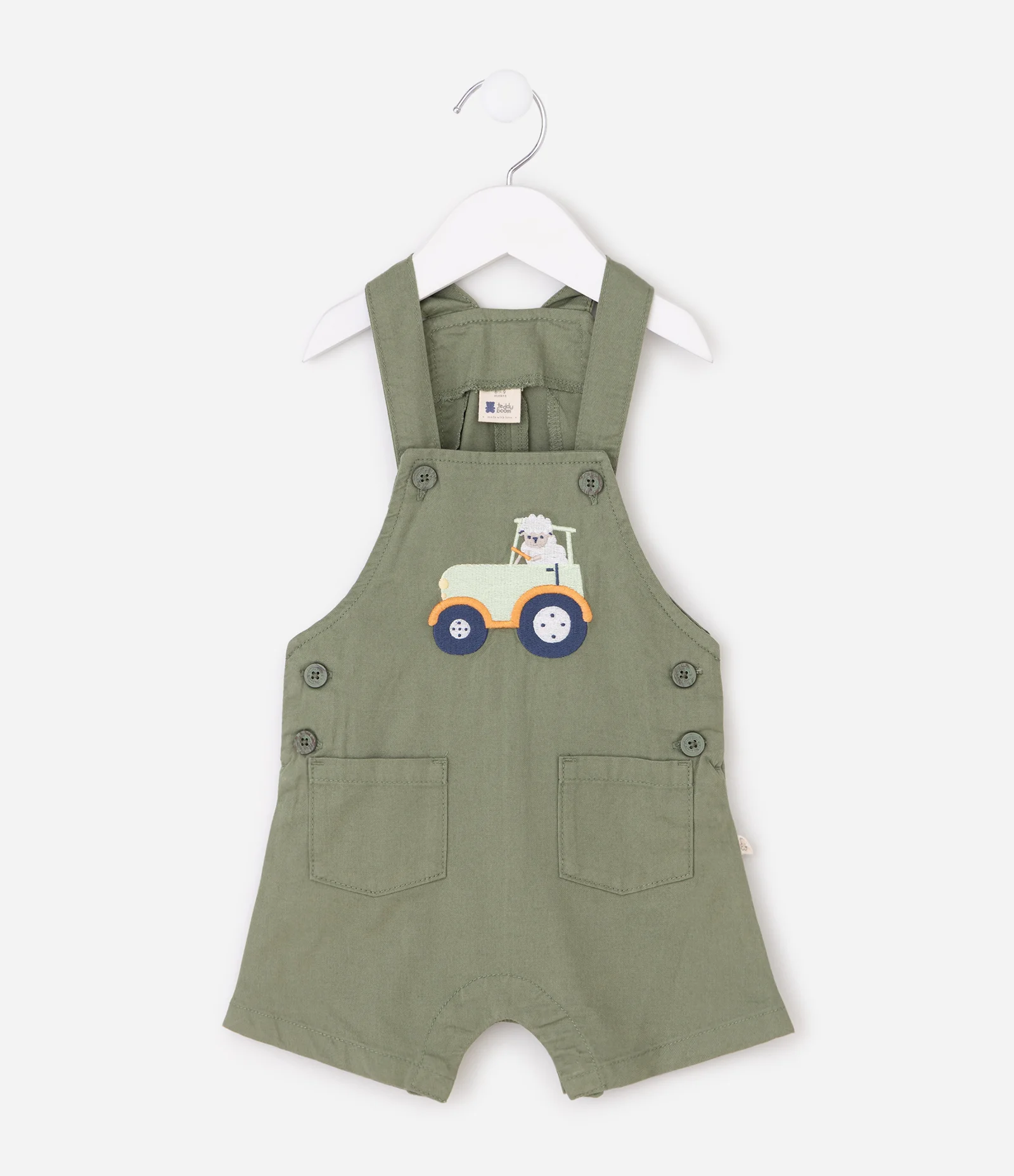 Jardineira Infantil Sarja com Bordado Ovelha no Trator – Tam 3 a 18 Meses Verde 2