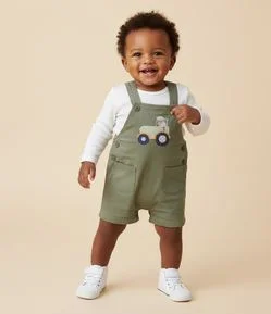 Jardineira Infantil Sarja com Bordado Ovelha no Trator – Tam 3 a 18 Meses