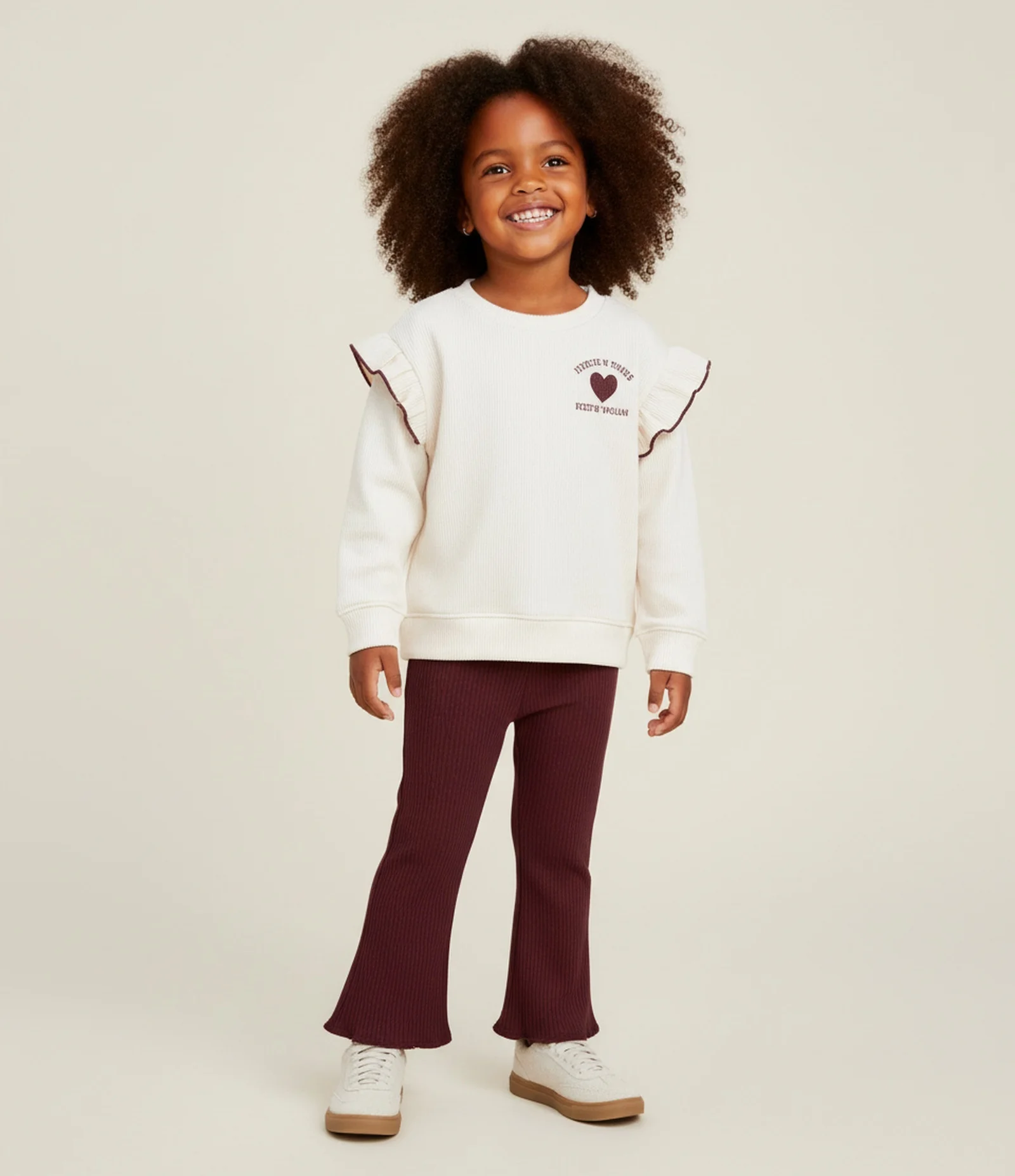 Conjunto Infantil com Babados no Ombro e Estampa de Coelho – Tam 1 a 5/6 Anos Off-White/Vinho 1