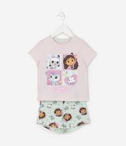 Pijama Infantil Com Blusa e Short com Estampa Gabby e Gatinhos - Tam 2 A 6 Anos