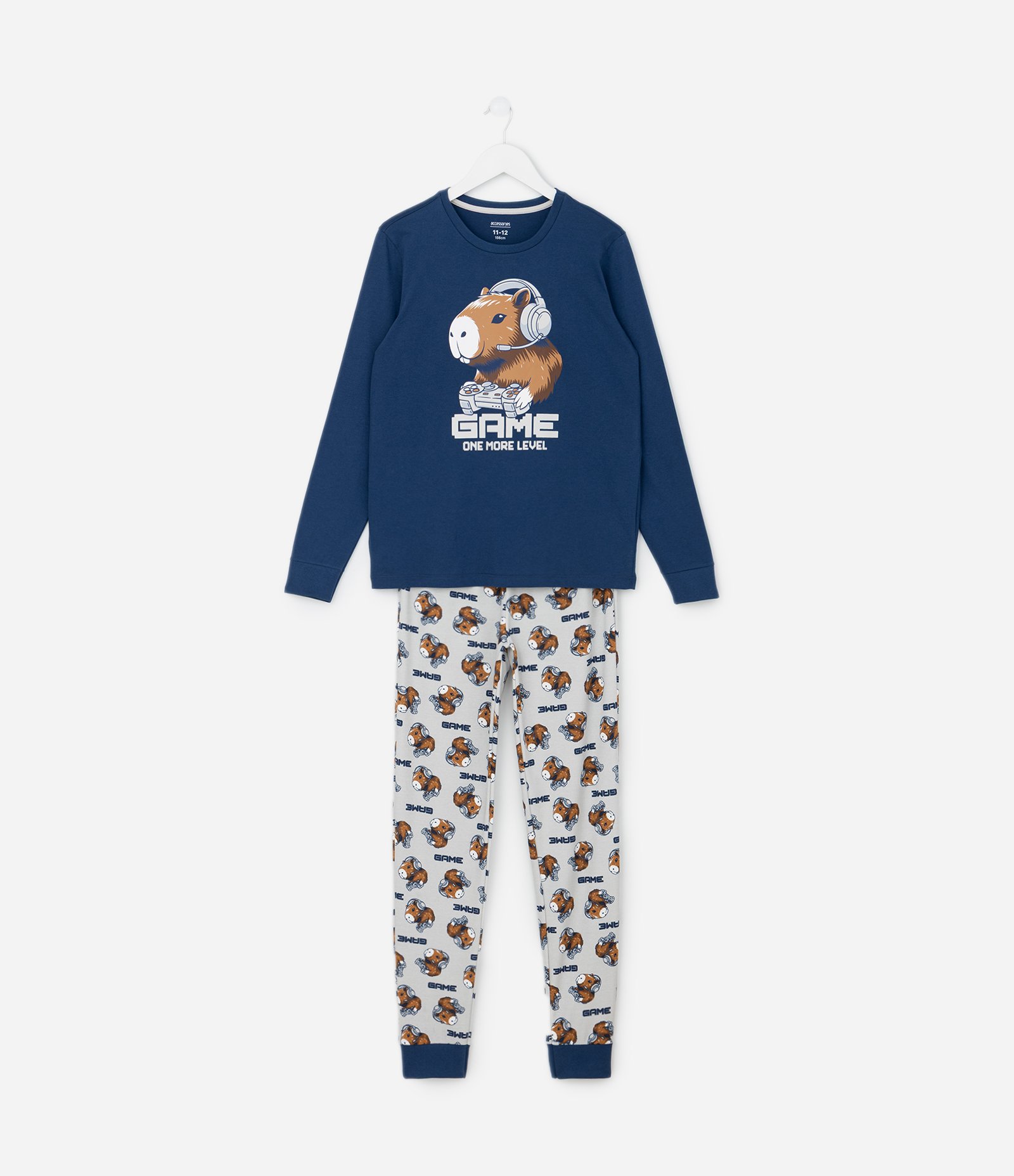 Pijama Infantil Manga Longa Estampa Capivara Gamer – Tam 7 a 16 Anos Azul Marinho 1