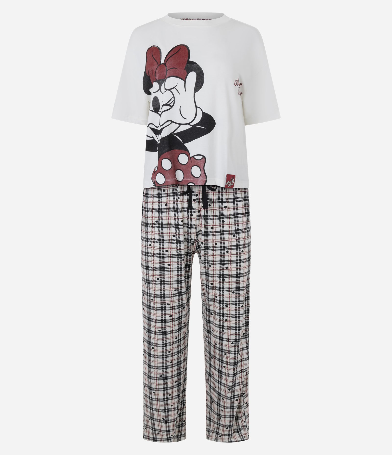 Pijama Longo em Viscolycra Com Estampa Xadrez Minnie Branco/Preto 1