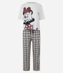 Pijama Longo em Viscolycra Com Estampa Xadrez Minnie