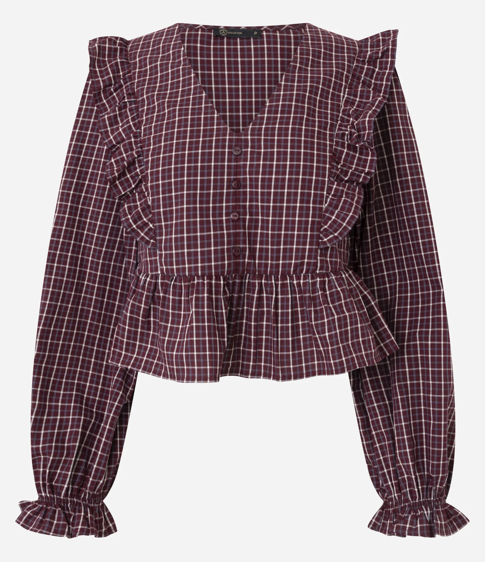 Blusa Feminina Manga Longa Xadrez com Babados Frontais Vermelho 1