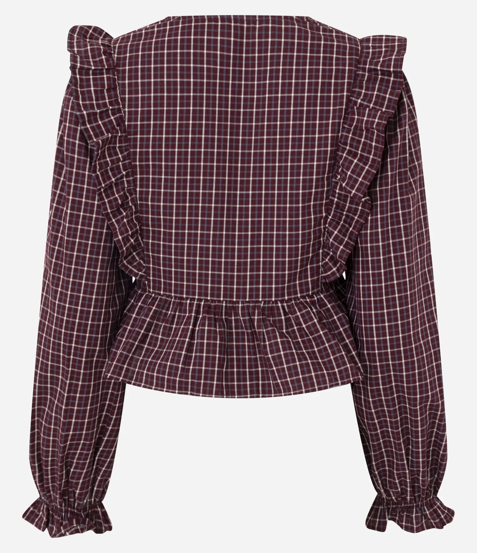 Blusa Feminina Manga Longa Xadrez com Babados Frontais Vermelho 2