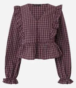 Blusa Feminina Manga Longa Xadrez com Babados Frontais