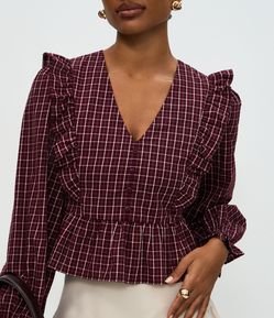 Blusa Feminina Manga Longa Xadrez com Babados Frontais