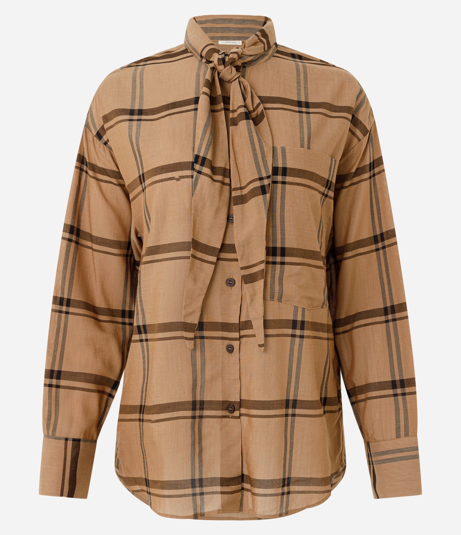 Camisa Xadrez em Viscose com Gola Laço Bege 5