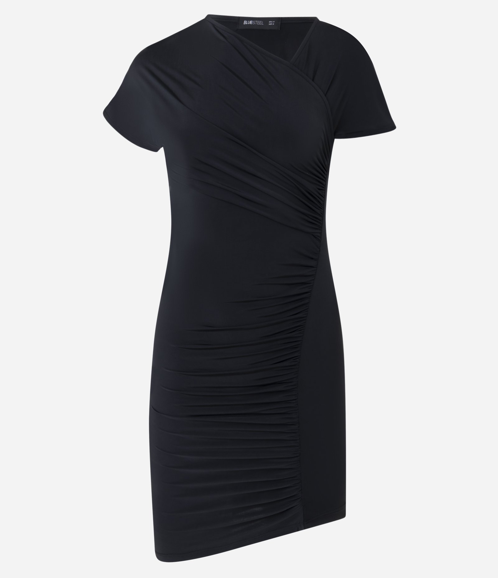 Vestido Curto com Franzido Decote Assimétrico e Barra Transpassada Preto 1