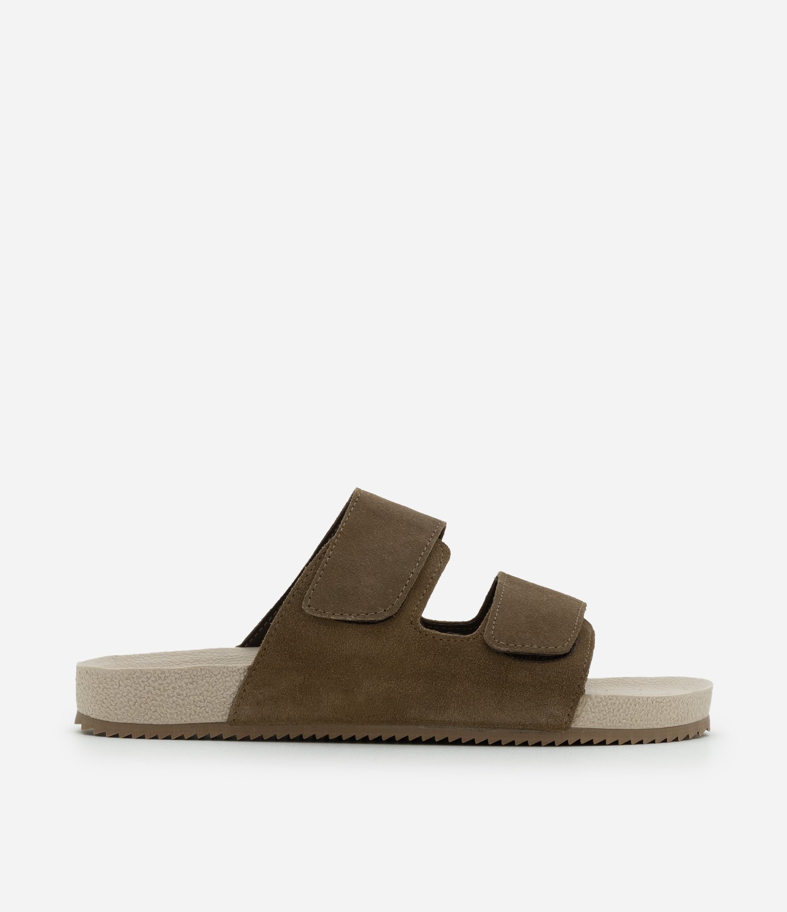 Sandália Slide em Camurça e Tiras com Velcro Marrom Claro 1