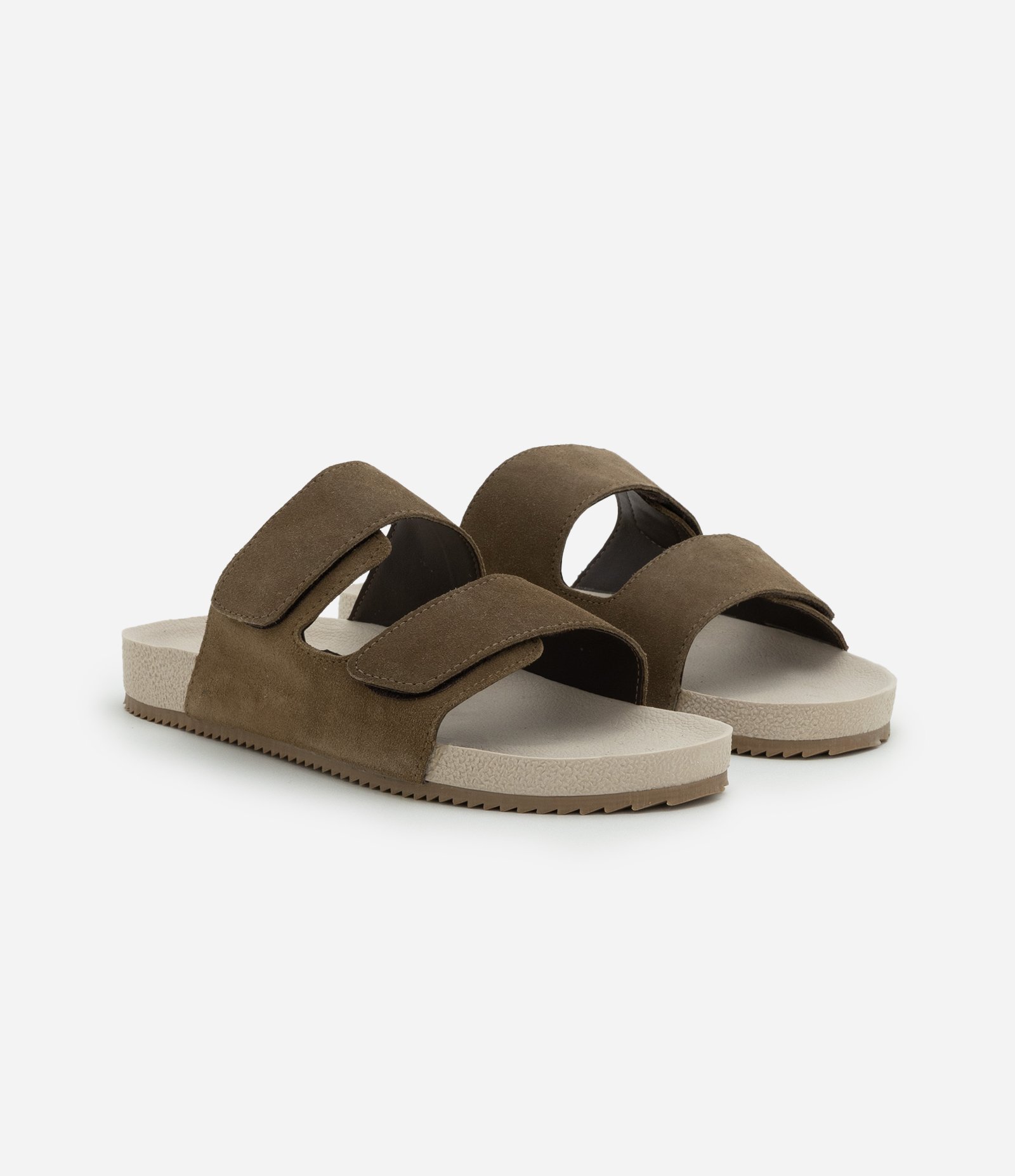 Sandália Slide em Camurça e Tiras com Velcro Marrom Claro 2