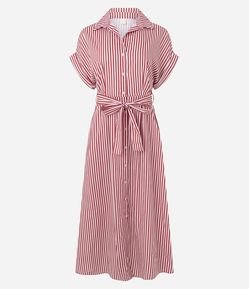 Vestido Chamise com Faixa na Cintura e Estampa Listrada