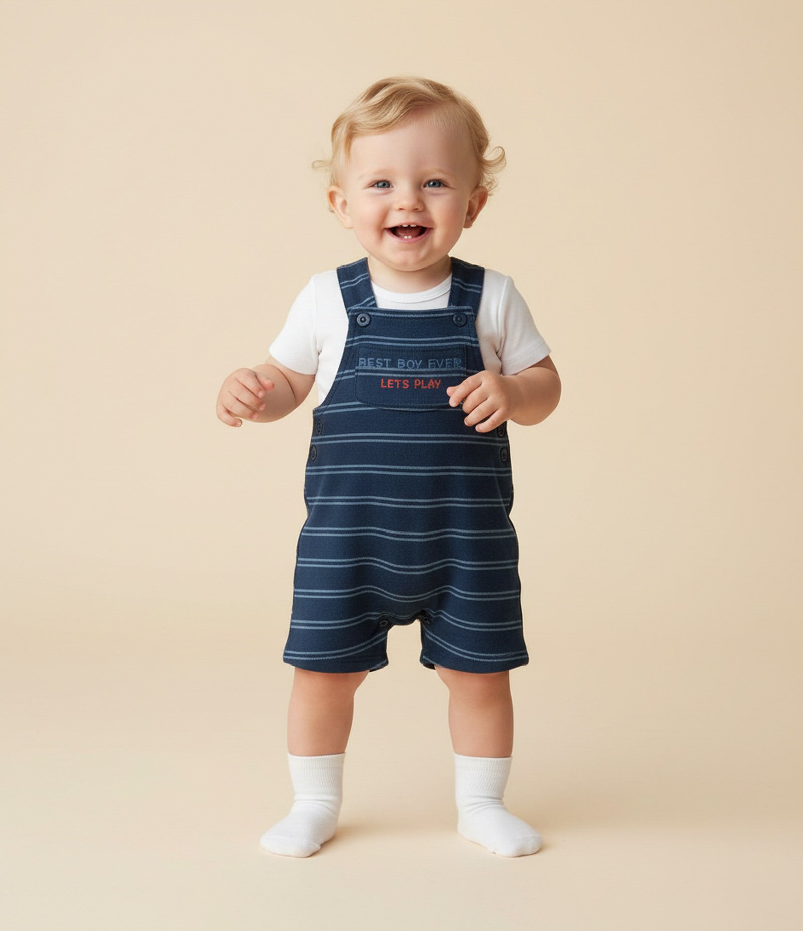 Jardineira Infantil Listrada com Lettering – Tam 0 a 18 Meses Azul Marinho 1