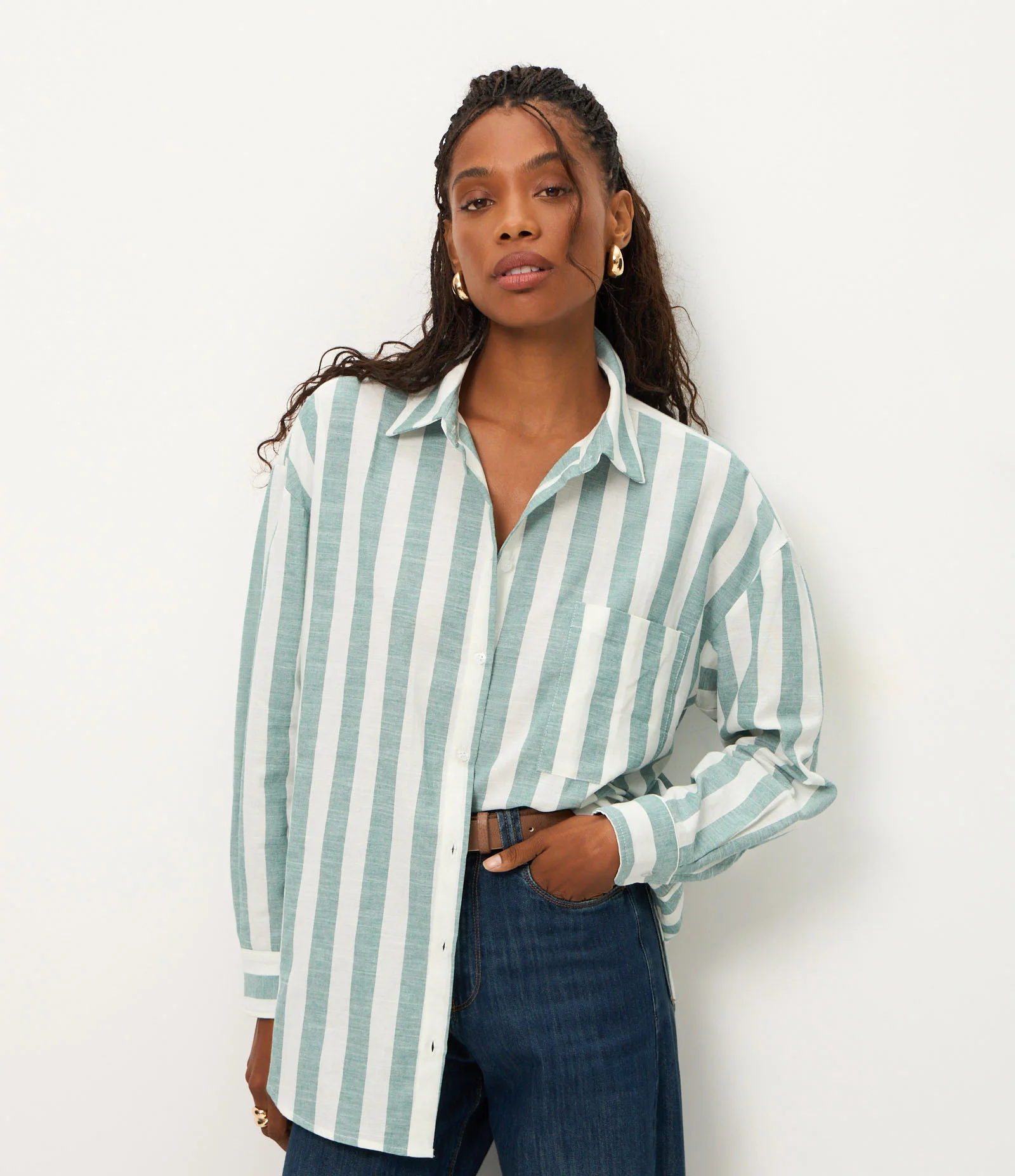 Camisa em Algodão com Estampa Listrada e Gola Polo Branco/Verde 1