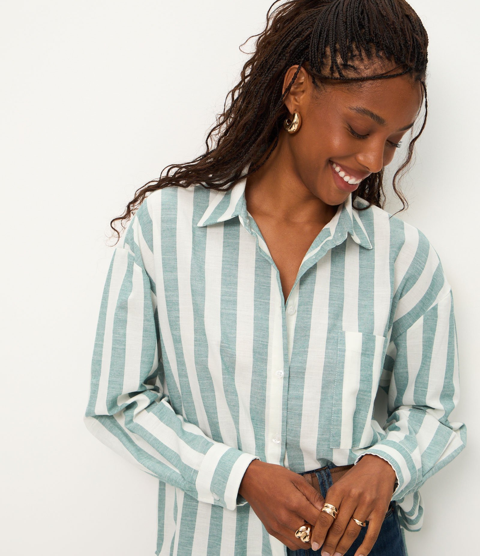 Camisa em Algodão com Estampa Listrada e Gola Polo Branco/Verde 3