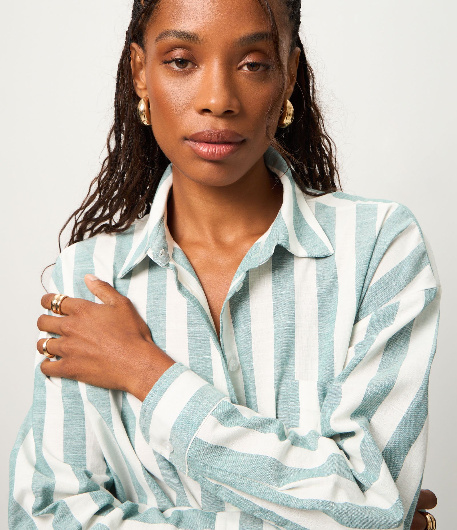 Camisa em Algodão com Estampa Listrada e Gola Polo Branco/Verde 4