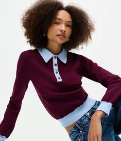 Blusa em Tricô com Gola Polo e Decote com Abotoamento
