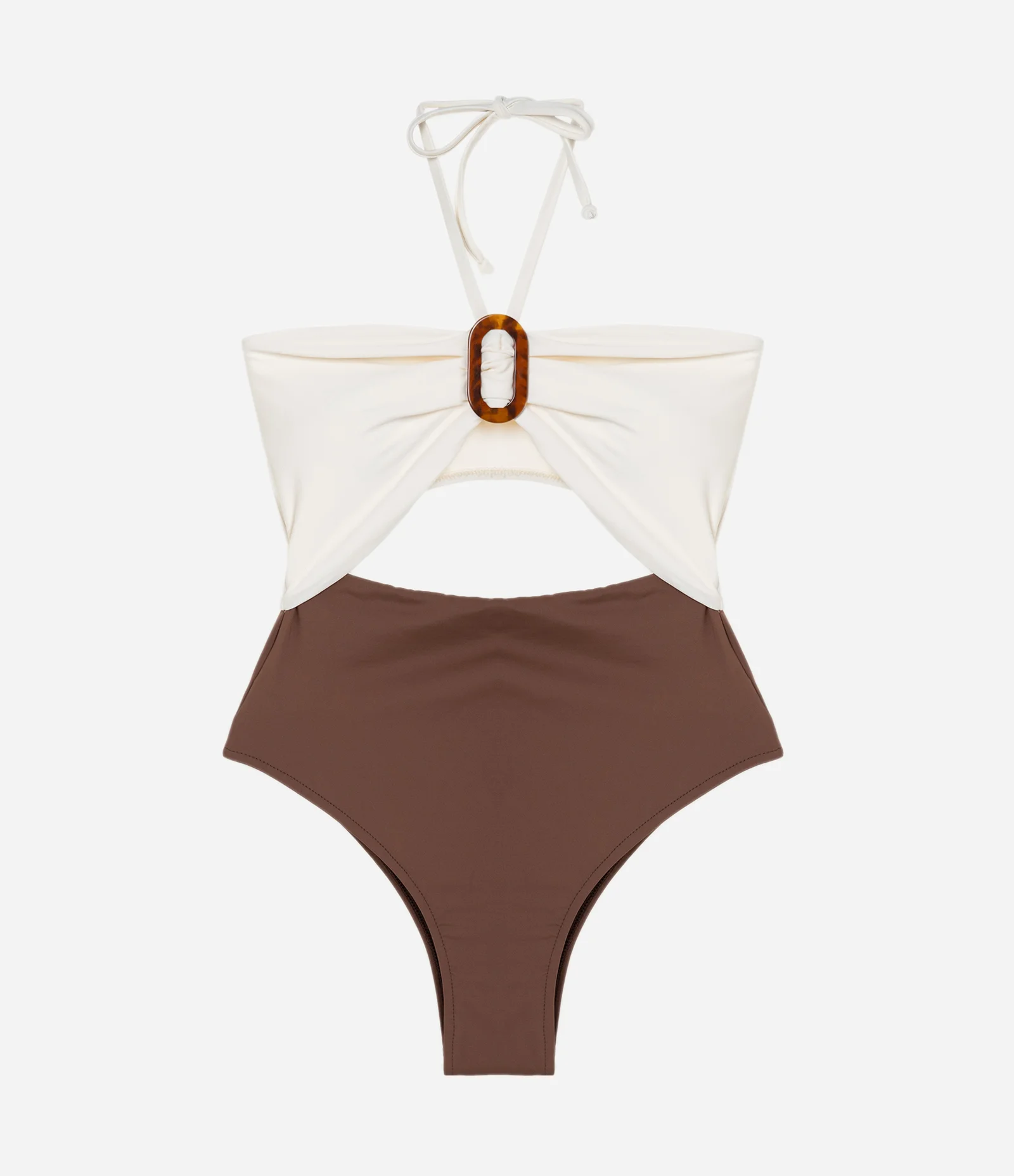 Maiô em Microfibra com Aviamento e Amarração no Pescoço Off White e Marrom 2