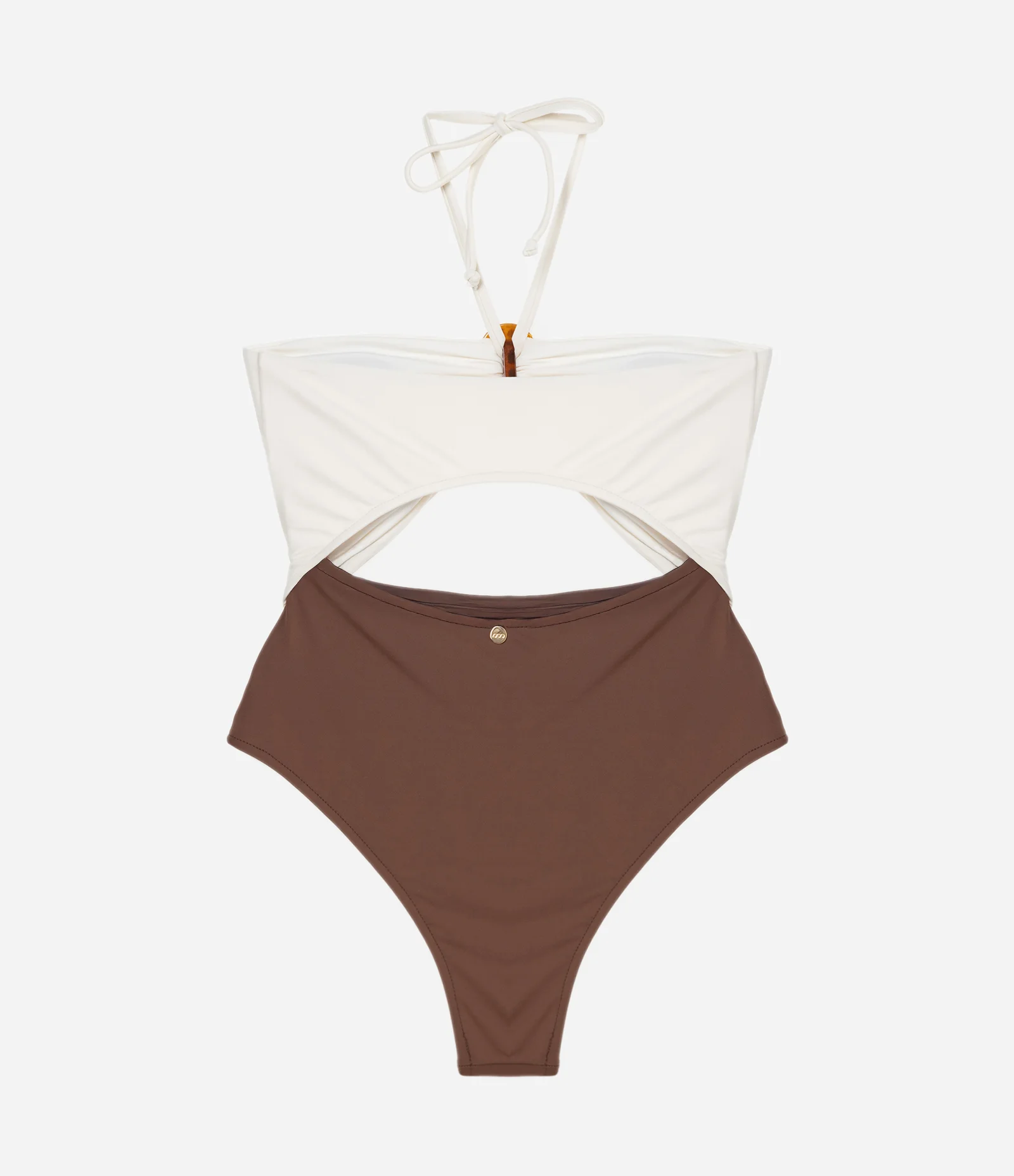 Maiô em Microfibra com Aviamento e Amarração no Pescoço Off White e Marrom 3