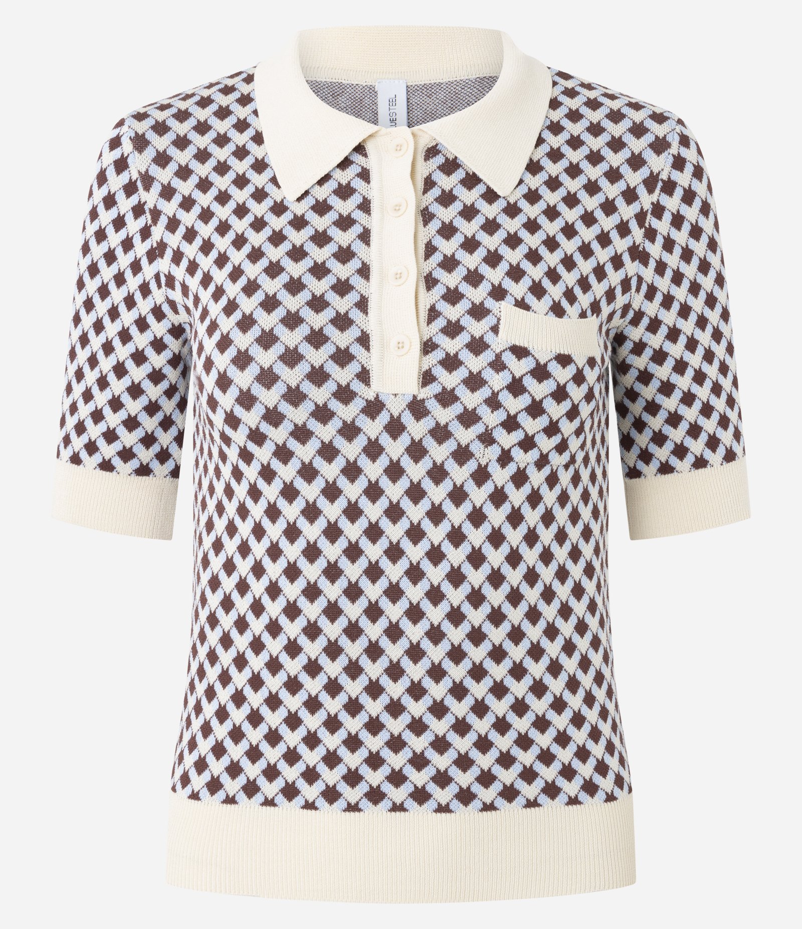 Blusa em Tricô com Gola Polo e Estampa Abstrata Bege 5