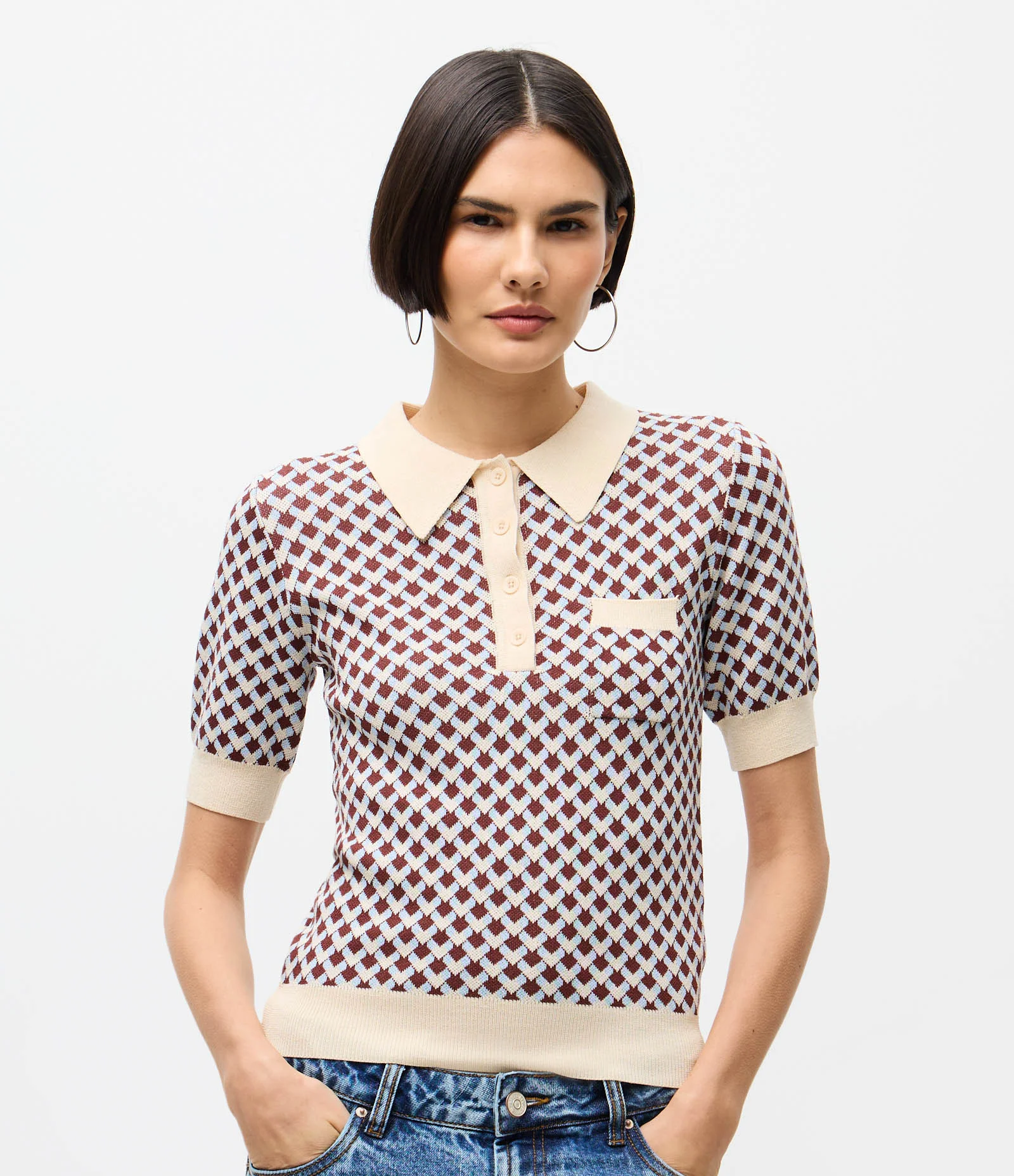 Blusa em Tricô com Gola Polo e Estampa Abstrata Bege 1