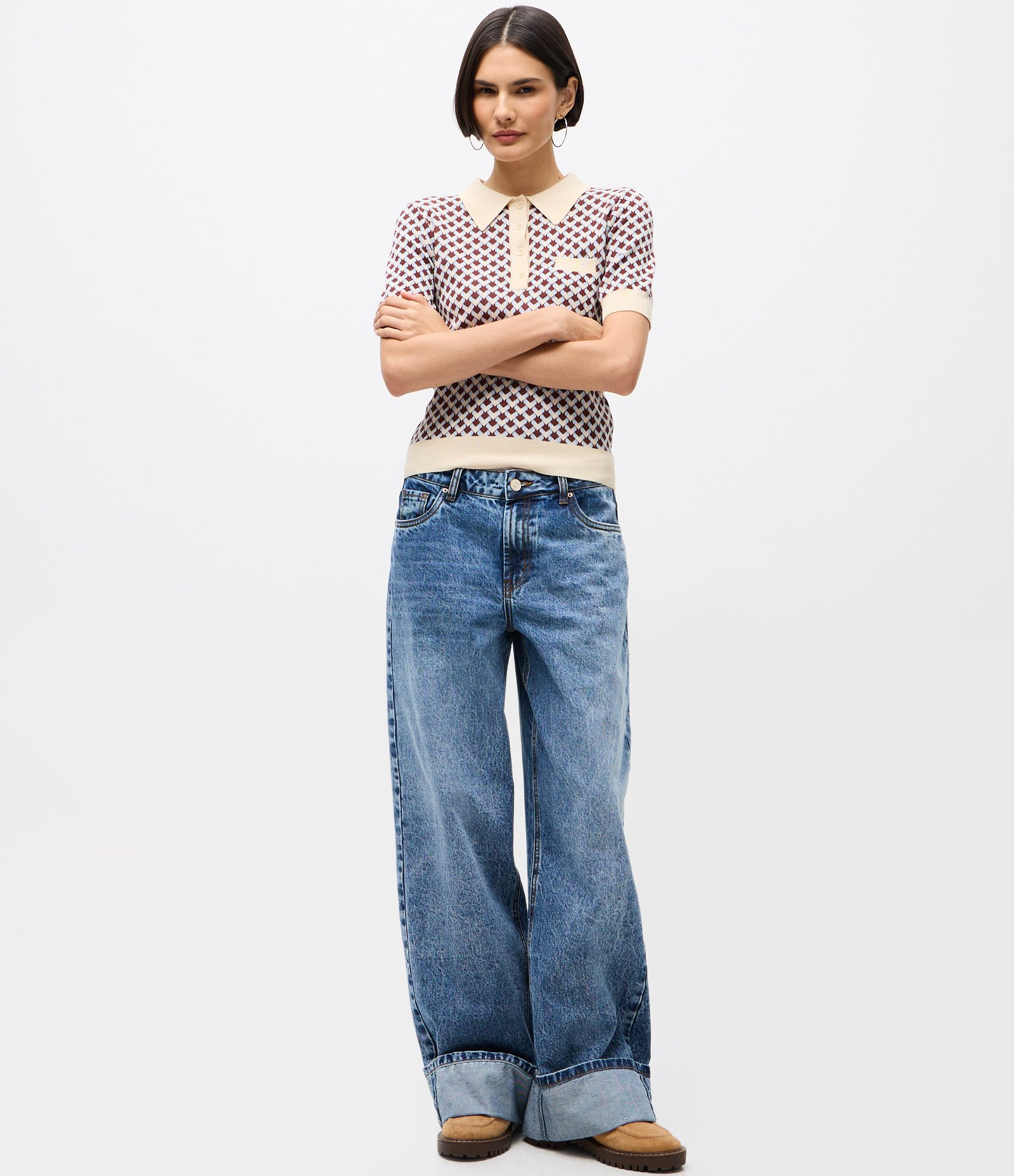 Blusa em Tricô com Gola Polo e Estampa Abstrata Bege 2