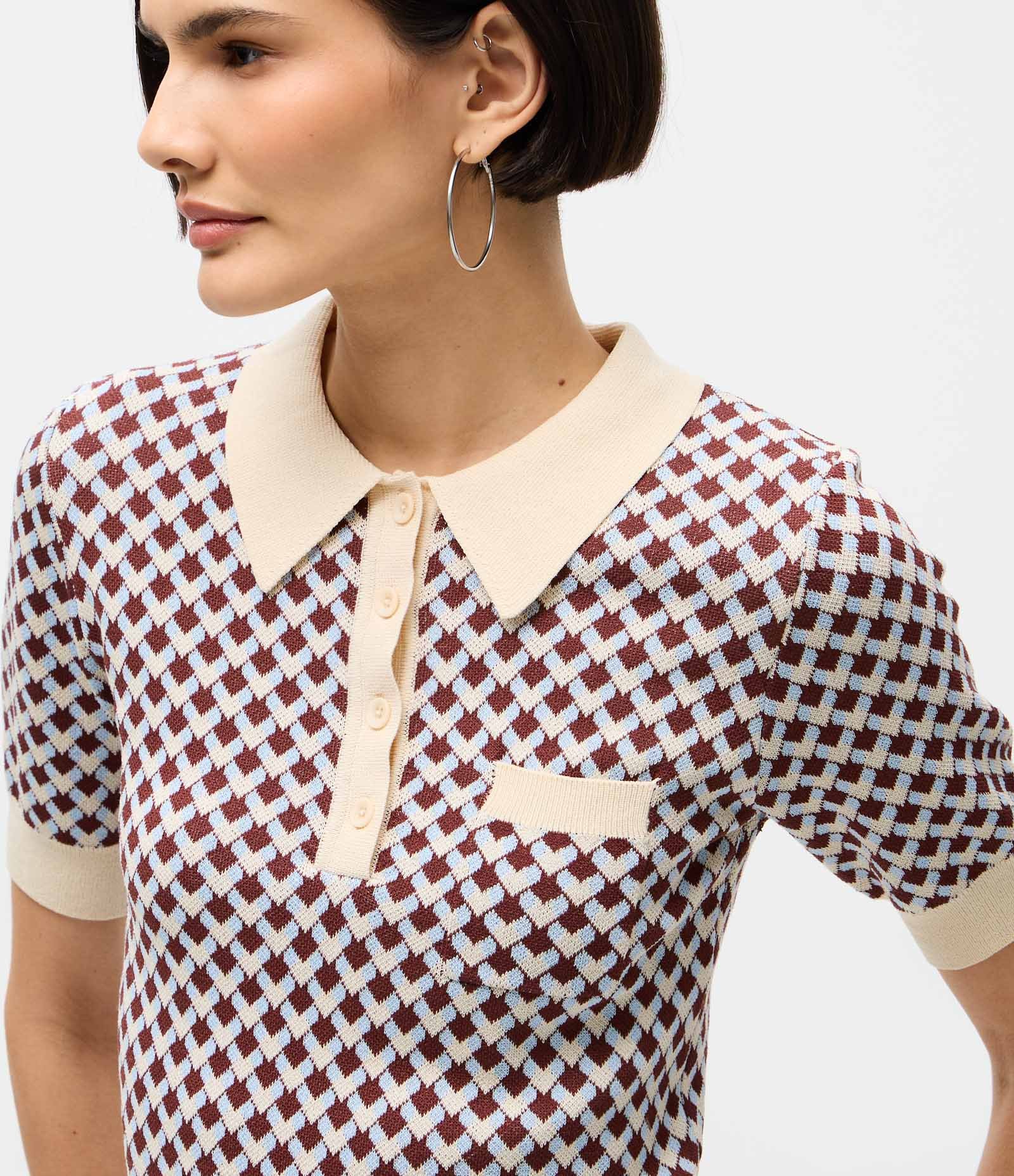 Blusa em Tricô com Gola Polo e Estampa Abstrata Bege 3