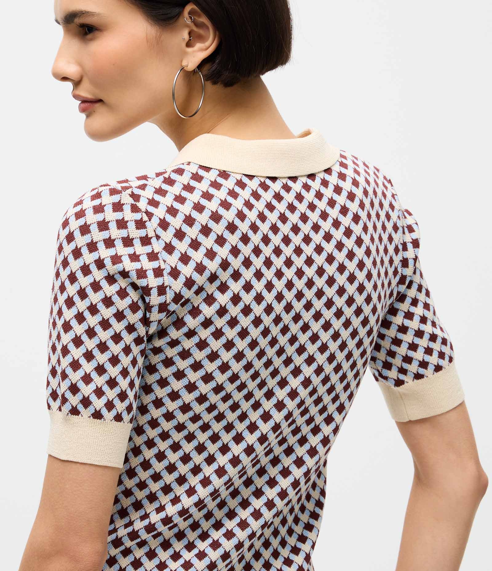 Blusa em Tricô com Gola Polo e Estampa Abstrata Bege 4