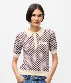 Blusa em Tricô com Gola Polo e Estampa Abstrata
