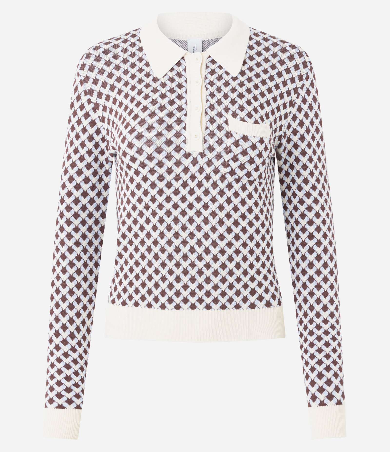 Blusa em Tricô com Gola Polo e Estampa Geométrica Argyle Bege 1