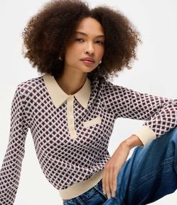 Blusa em Tricô com Gola Polo e Estampa Geométrica Argyle